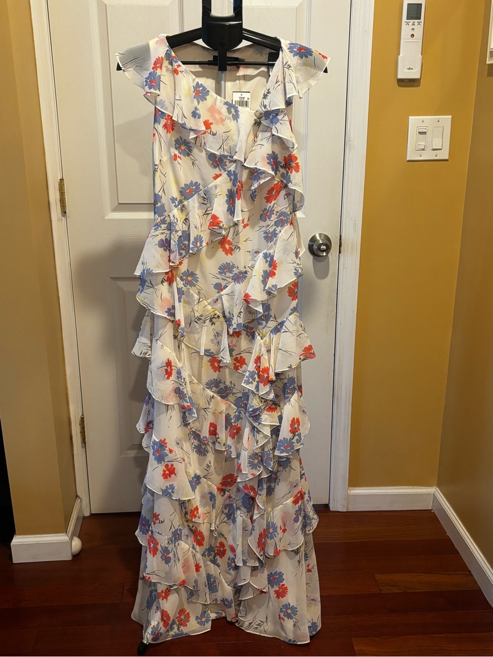 Ralph Lauren Cream Floral Ruffle Gown with Blue & Coral Flowers